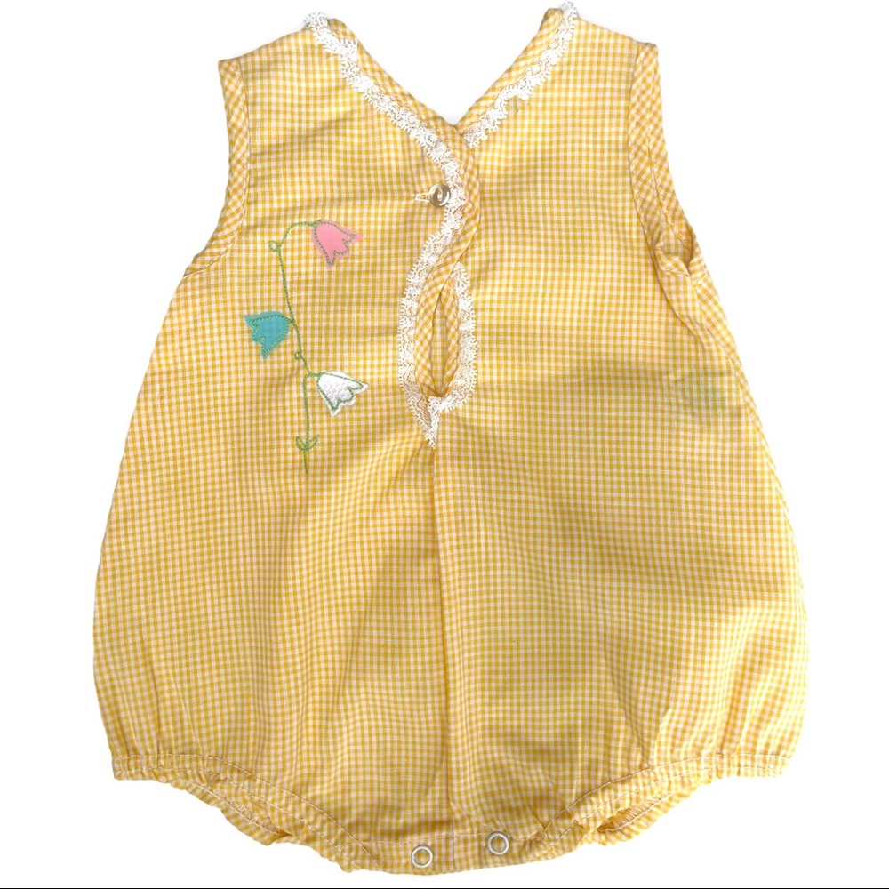 vintage 70s bubble romper yellow gingham floral lace 12 mo MINT toddle time nwot